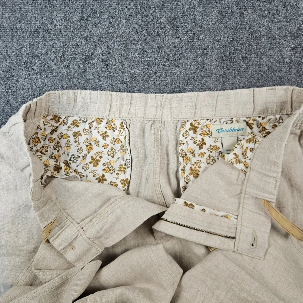 Caribbean Mens Linen Pants Beige Oatmeal Elastic Waist Drawstring Summer